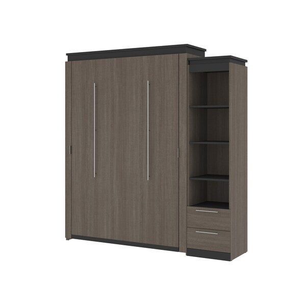 Orion Queen Murphy Bed and Narrow Shelving Unit with Drawers (85W), Bark Gray & Graphite